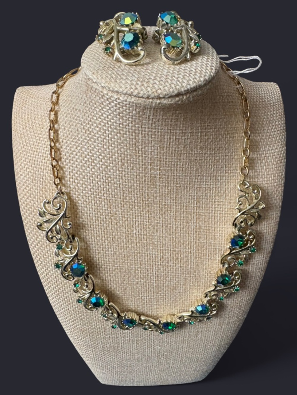Vintage Coro Blue AB Rhinestone Necklace & Clip Earring Set | Gold Tone | Signed